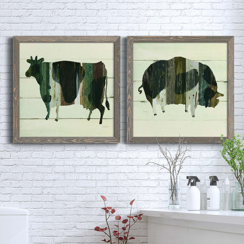 Woodgrain Cow - ensemble de 2 peintures sur toile encadrées, Encadré gris, H 17 po x l 34 po x P 1,5 po