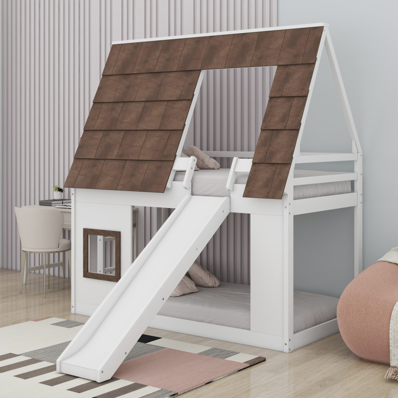 Wood Twin Size House Shaped Bunk Bed With Brown Roof,Window,Ladder And Slide,Bunkbed Frame For Boys & Girls