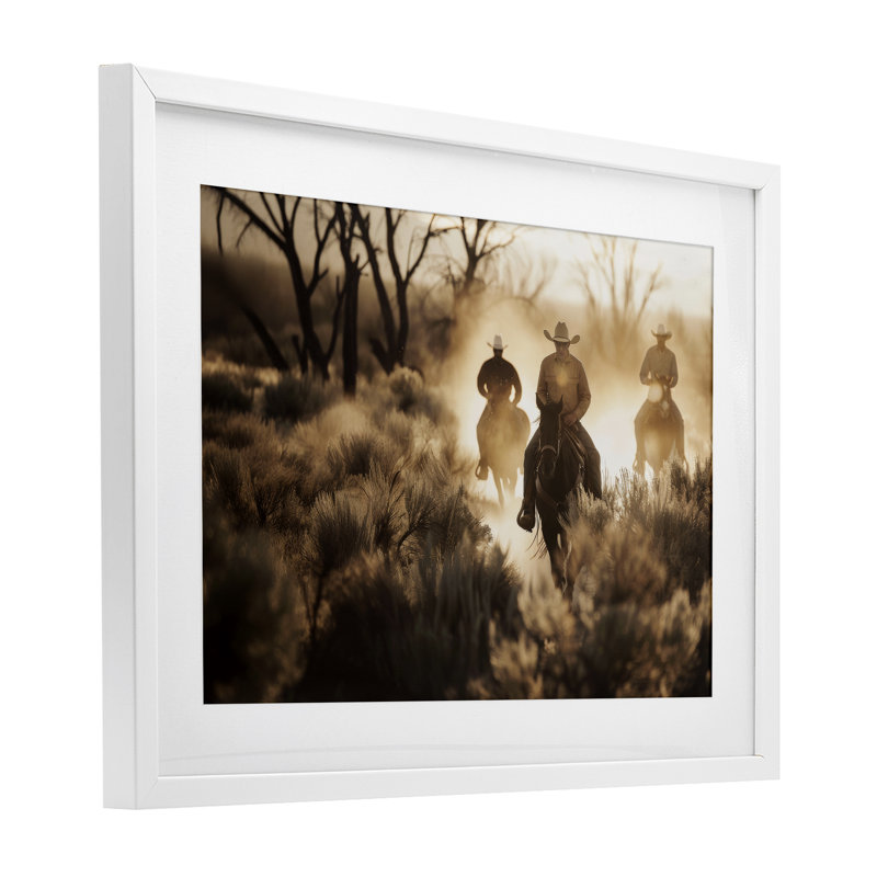 «Riders Of The West», reproduction sous verre encadrée, conception par Lazar Studio, H 14 po x l 20 po, Cadre blanc côtier