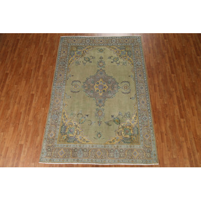 Tapis vert rétro rétro Tabriz noué à la main 7 x 10