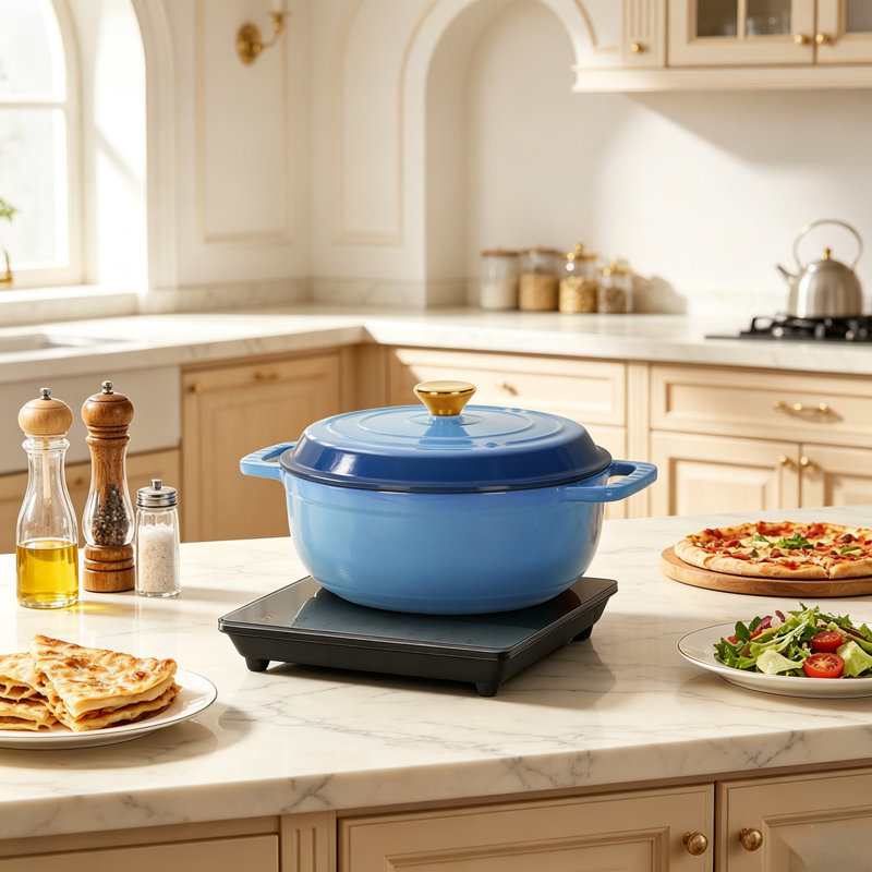 Cast iron 6QT cooking pot - Gradient blue - Includes two silicone gloves - Enamel pot
