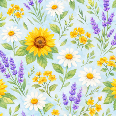 Papier peint adhésif pelez et collez, tournesol, lavande, aquarelle, floral, bleu clair, l 23,6 po x H 118 po, papier peint amovible auto-adhésif pour les chambres de bébé