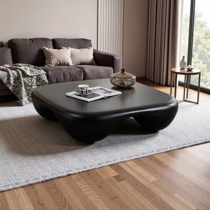 Table basse carrée moderne en faux travertin avec base piédestal et rangement ouvert