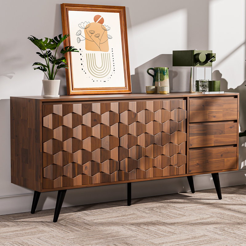 Georgina 61" Wide 3 Drawer Acacia Solid Wood Sideboard, Walnut