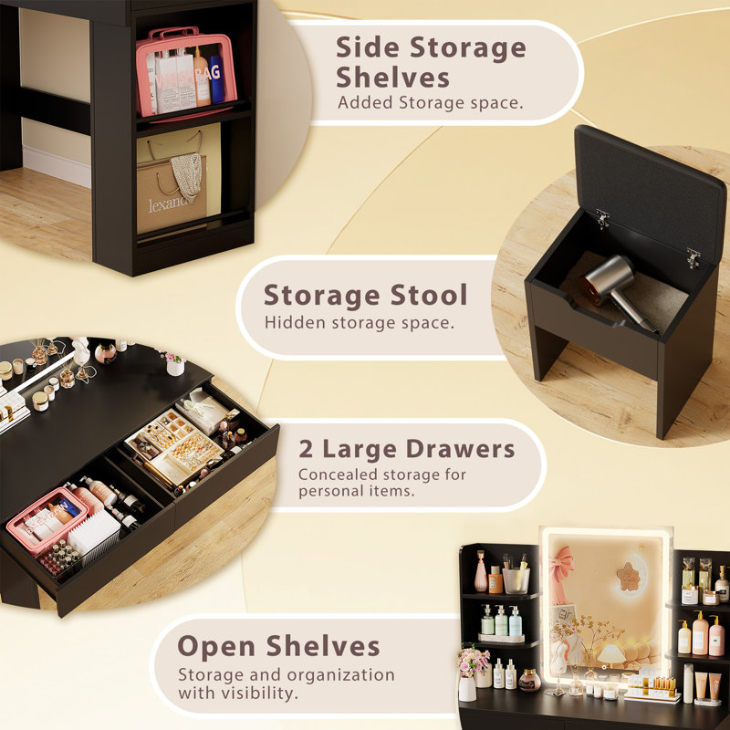 Vanity Desk Set with LED Lighted Mirror & Storage Drawers, Makeup Vanity with Cushioned Stool for Bedroom, Yes, Black