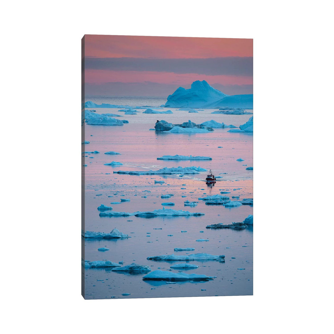 Boat At Ilulissat Icefjord, UNESCO, Ilulissat Kangerlua At Disko Bay. Greenland by Martin Zwick - Wrapped Canvas Gallery-Wrapped Canvas Giclée