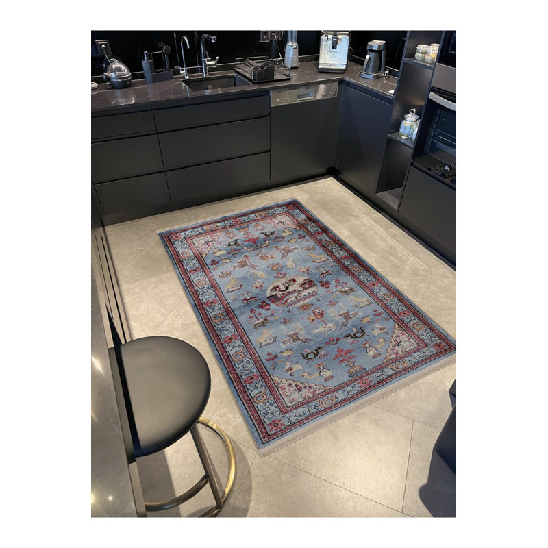 Tapis décoratif bleu rétro à motif animal et floral, Rectangle 4 pi 7 po x 6 pi 7 po