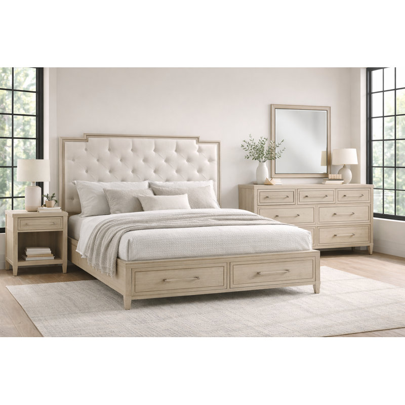 Medlock Luxe Bed with Step-Tuft Headboard and Footboard Storage , Queen