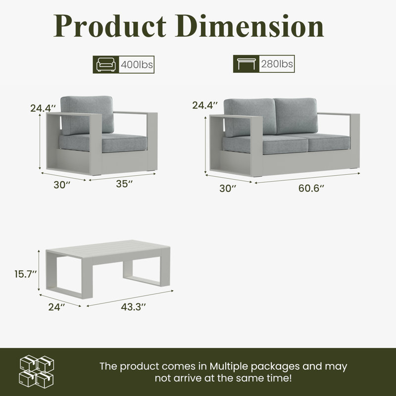 Ensemble de conversation moderne en aluminium 4 pièces avec table basse, Coussin gris / cadre gris clair