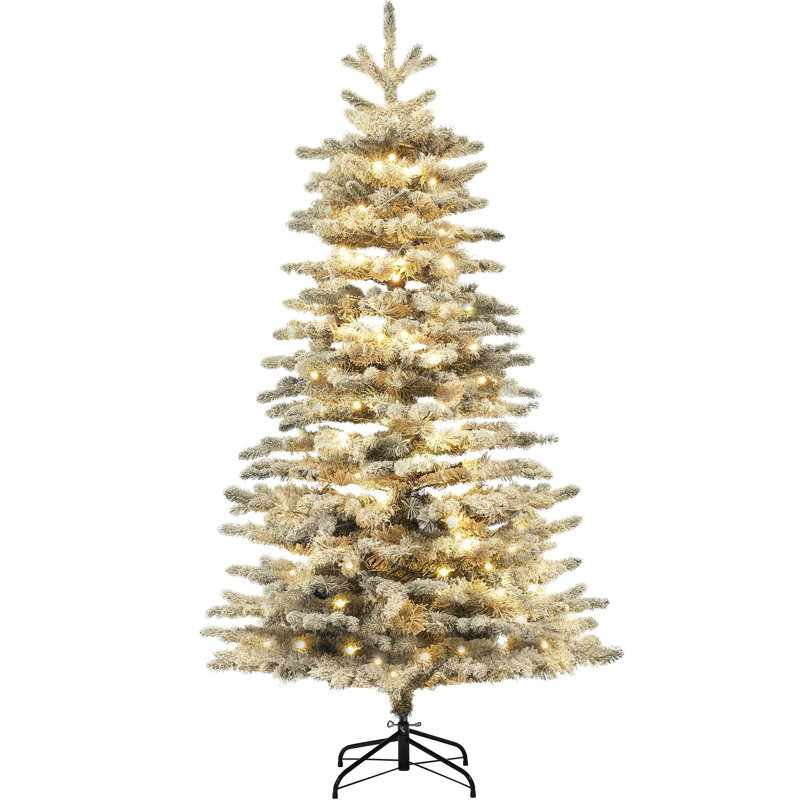 Arbre de Noël artificiel pin de montagne 6,5 pi pré-éclairé, arbre de Noël enneigé, arbre de Noël à charnière avec 400 lumières DEL et 990 branches pour la décoration des fêtes