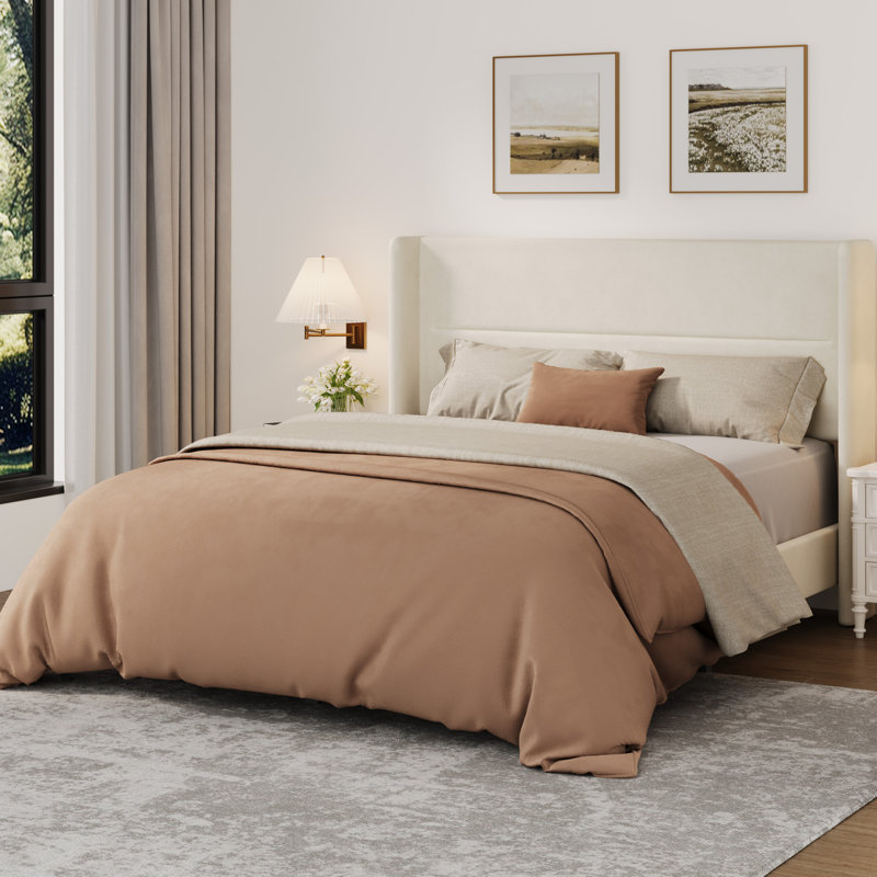 Queen Size Bed Frame with Wingback Headboard, Velvet Upholstered Platform Bedframe with Wood Slats, No Box Spring Needed, Easy Assembly, Beige