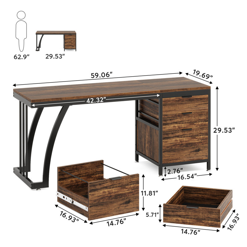 Syasia 59'' Computer Desk with 3 Drawers, Brown/Black