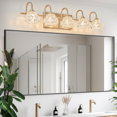 29" Modern Crystal Bathroom Vanity Light, 5-Light Golden Wall Sconce With Clear Glass Shade, Elegant Wall Mount Lighting For Bathroom, Powder Room, Or Vanity Mirror (No Bulbs)