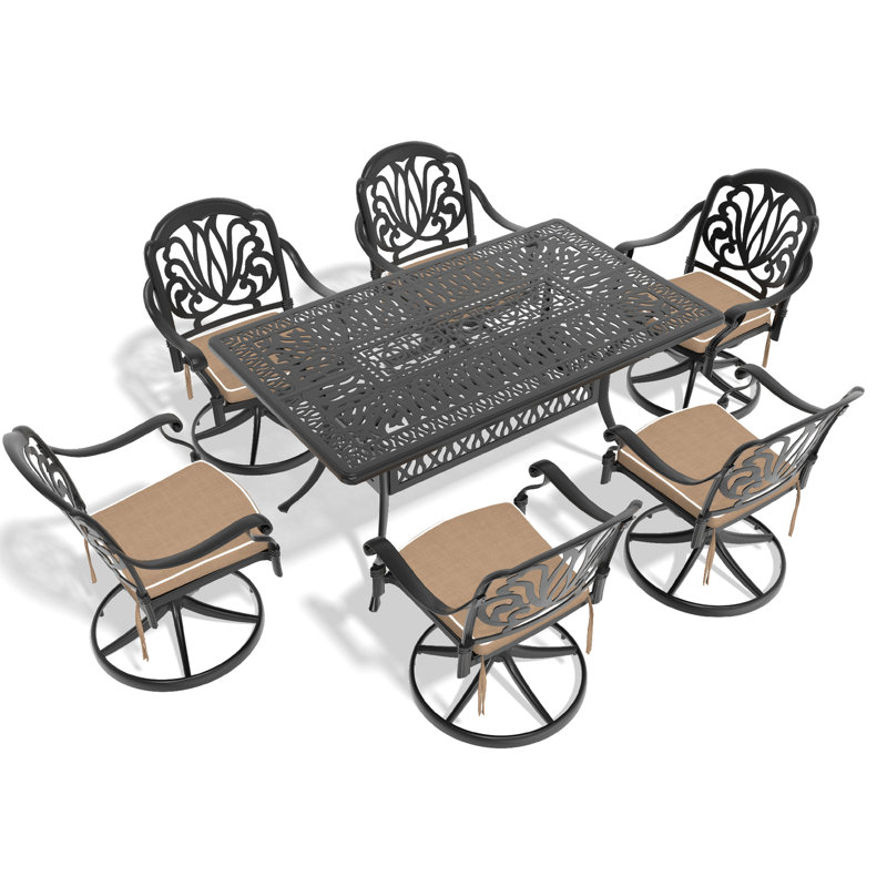 Table de salle à manger en fonte d'aluminium 7 saisons - 6 chaises pivotantes et table rectangulaire en noir, ornement exquis, assise confortable et protégée, capacité de 350 lb de chaise, poids aléatoire de 160 lb
