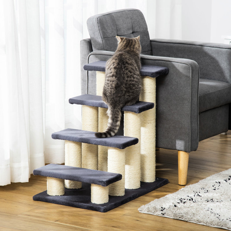 Arbre à chat gris avec 4 marches, poteau à griffer pour que les chats d'intérieur et les chiens puissent s'amuser en grimpant à l'arbre de santé, gris, 4