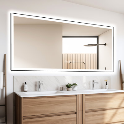 Miroir de salle de bain 84 x 32 pouces à DEL, luminosité réglable intelligente, 3 températures de couleur, brouillard intégré, contrôle de l'interrupteur mural, DEL longue durée, miroir en verre trempé de 5 mm