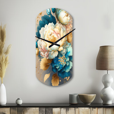 Maupin Vibrant Floral Bunch II - horloge murale cylindrique florale en métal, horloge murale asymétrique bleue