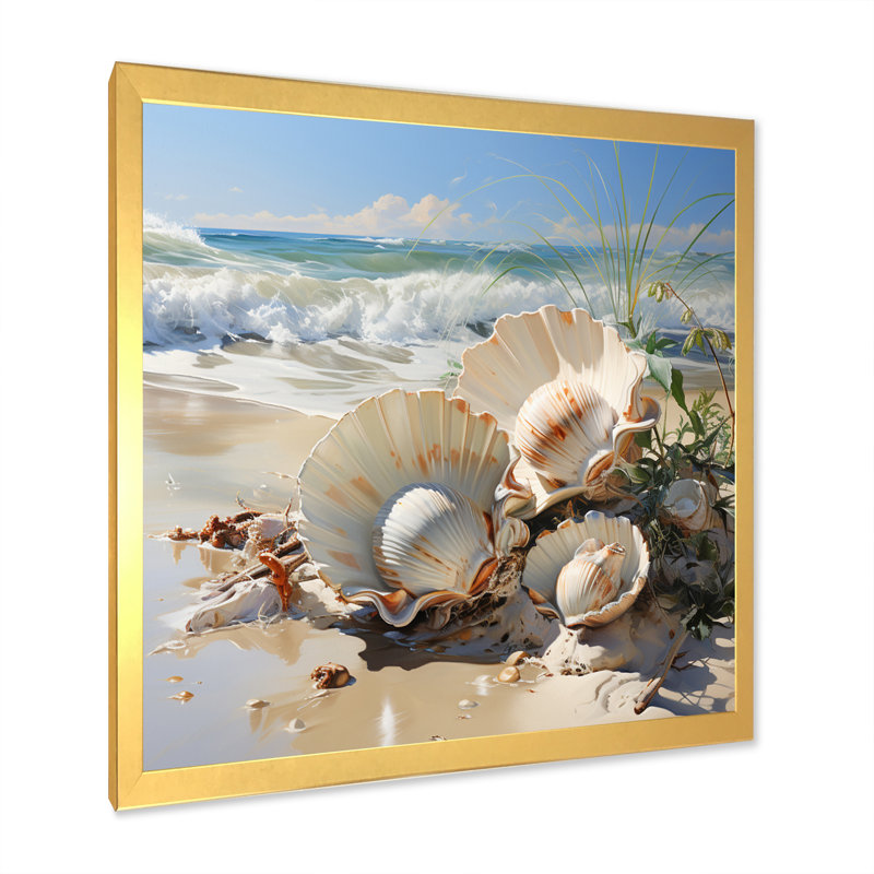 Beige palourde océan Whispers II - imprimé, H 36 po x l 36 po x P 1,5 po, Encadrement doré