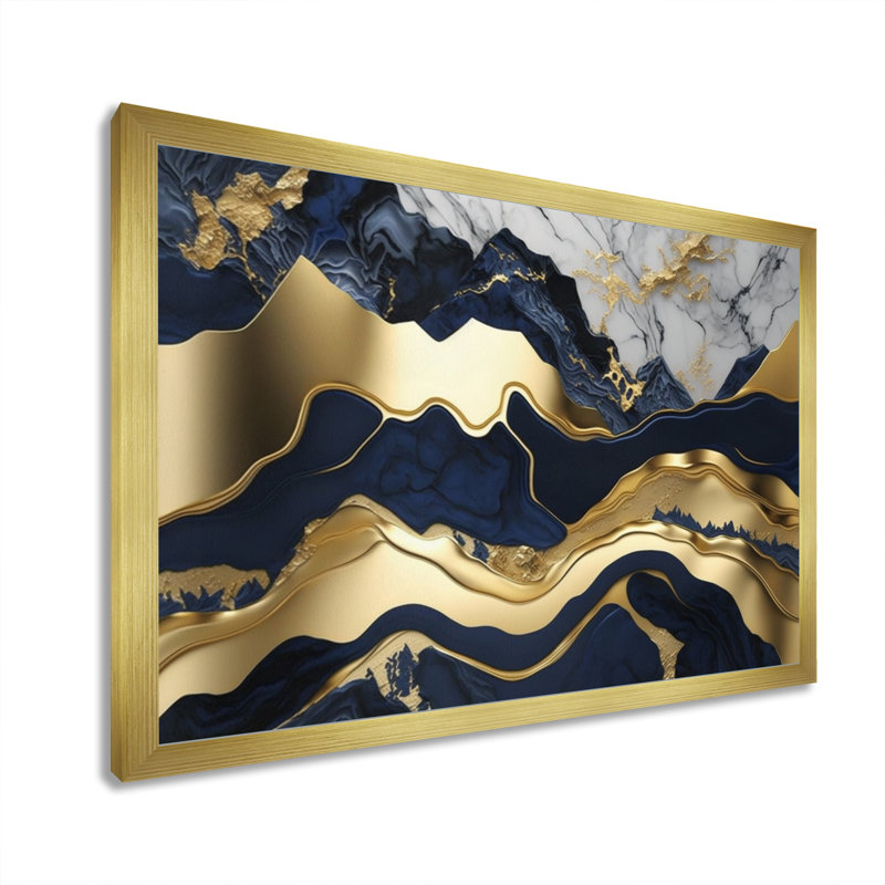 Rehoboth bleu et or captivant l'abstraction de marbre I, Cadre simple noir, H 16 po x l 32 po, Doré