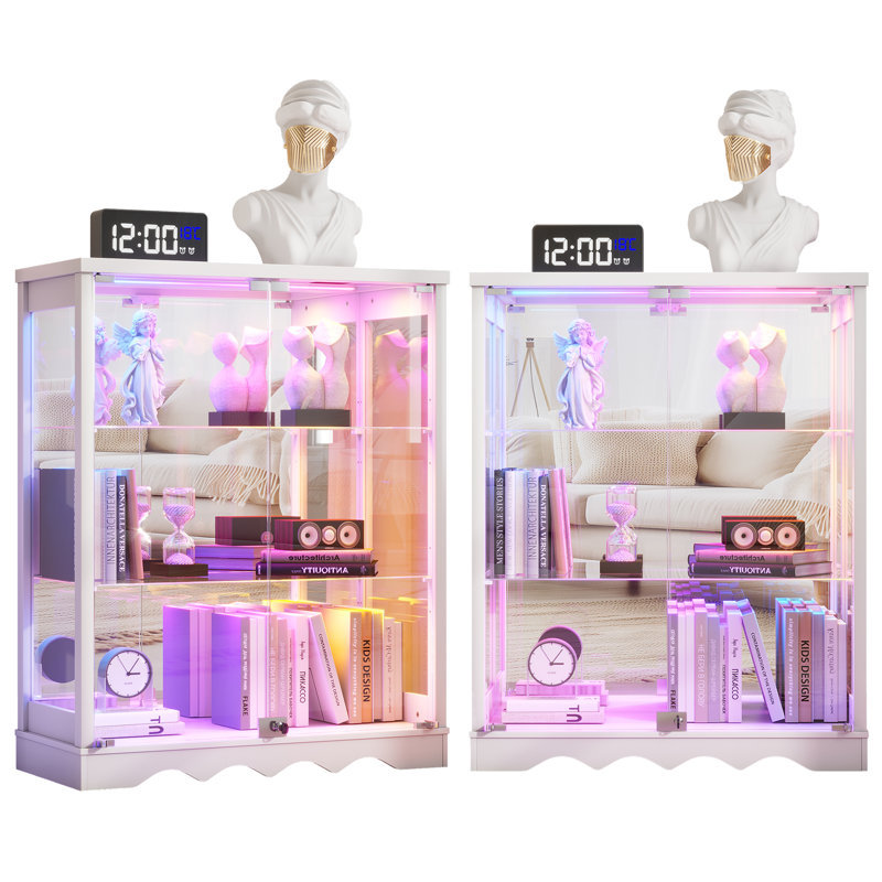 3-Tier Display Cabinet with Human Body Sensor RGB Lights, White