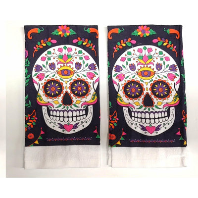 Day of The Dead Sugar Skull Decorative Kitchen & Hand Towel Set - Black (Set of 2)