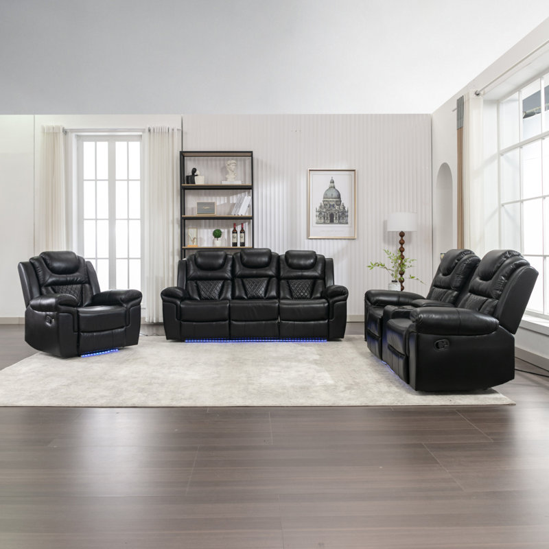 Ensemble de canapés inclinables 3 pièces pour cinéma maison Fauteuil inclinable manuel avec console centrale et bande lumineuse à DEL