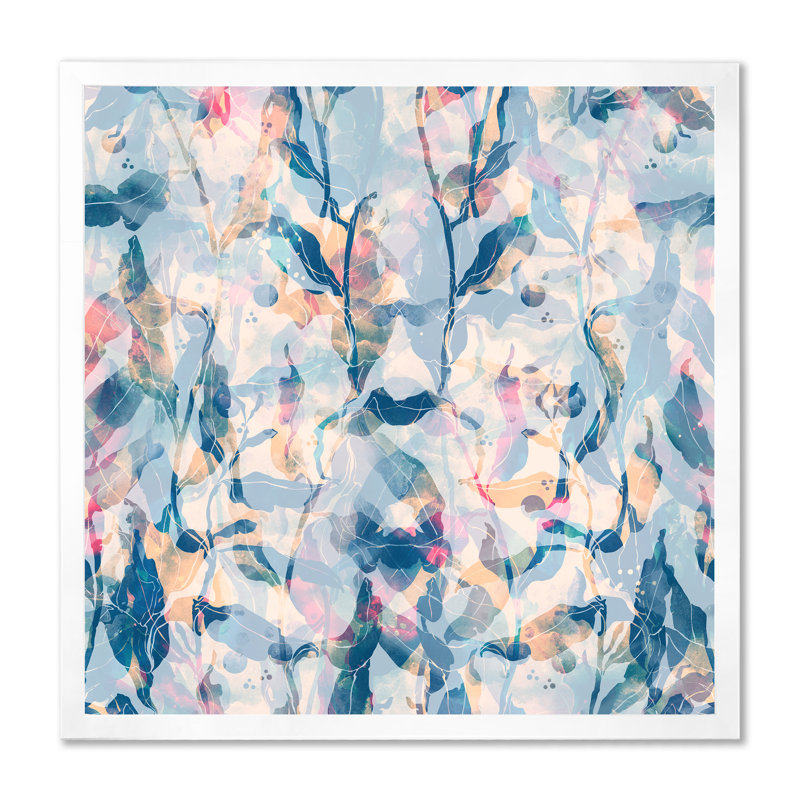 Rose et nuances de bleu - Peinture sur toile, H 36 po x l 36 po, Cadre photo blanc