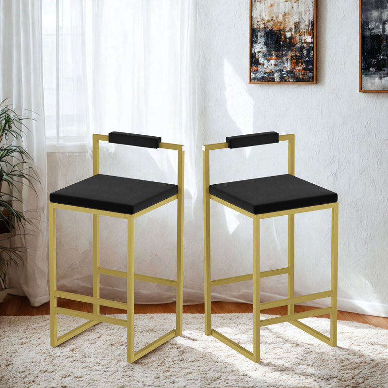Ensemble de 2 tabourets de bar modernes à hauteur de comptoir en velours avec dossier bas pour îlot de cuisine (or et noir)
