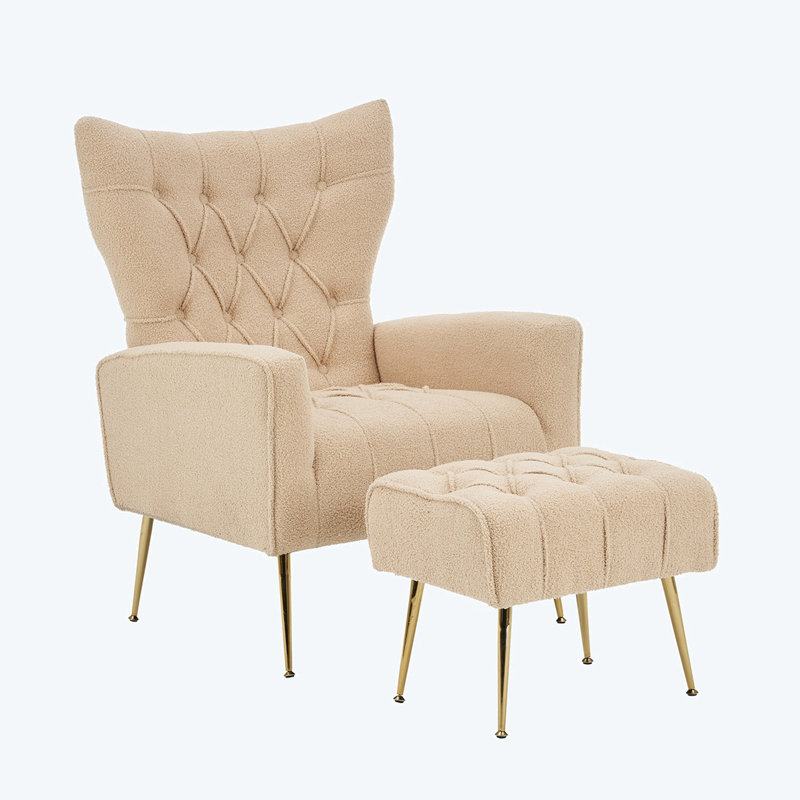 Membrano Modern Accent Chair With Ottoman, Comfy Armchair For Living Room, Bedroom, Apartment, Office, Cream Teddy