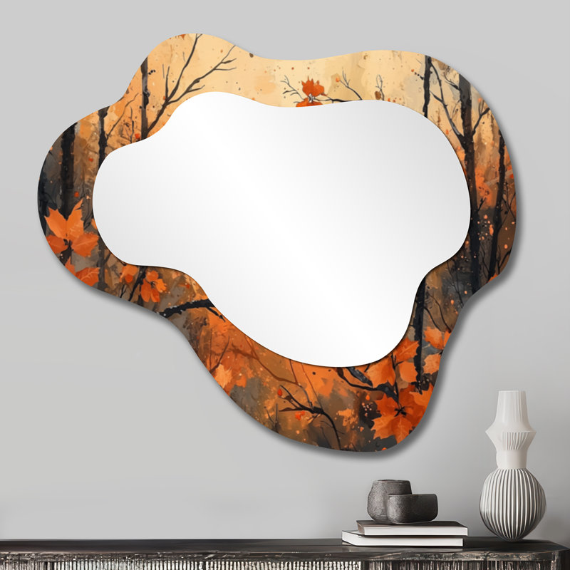Chickadee Bird In The Autumn Pines I - Bird Asymmetrical Decorative Mirror, Modern irregular Wall Mirror, Printed on Metal