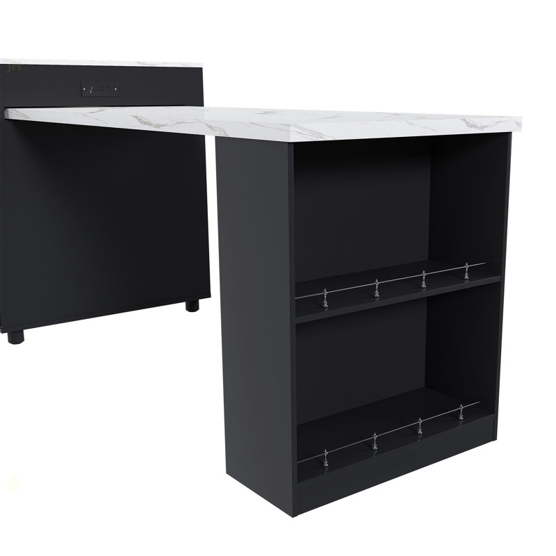 80-Inch Expandable Kitchen Island With Dining Table, Marble-Grain Countertop With Power Outlet, Mobile Storage Cart With Cabinet & 2 Drawers, Kitchen Prep Table (Black)