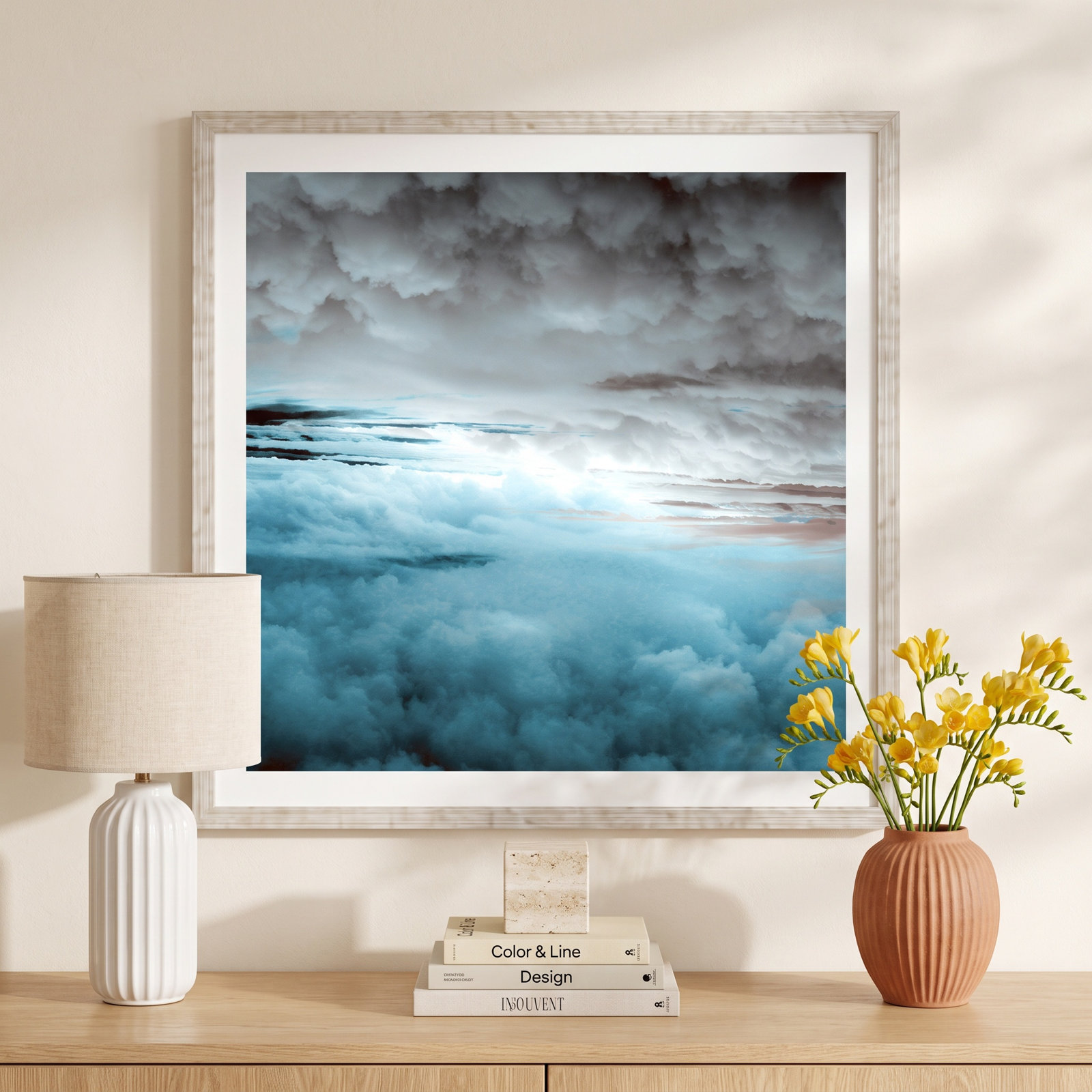 Glacier Painted Clouds by Caleb Troy, 36" H x 36" W x 0.75" D, Silver Single Picture Framed, Yes