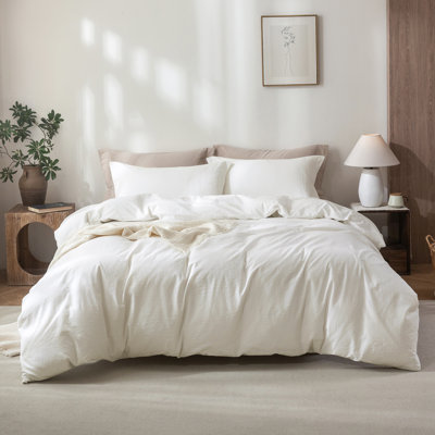 Solayne 100% Washed Cotton Duvet Cover Set with Faux Hemp Texture, Solid Color, Zipper Closure and Corner Ties