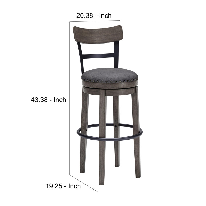 Elegant Gray Swivel Barstool with Curved Back and Nailhead Trim