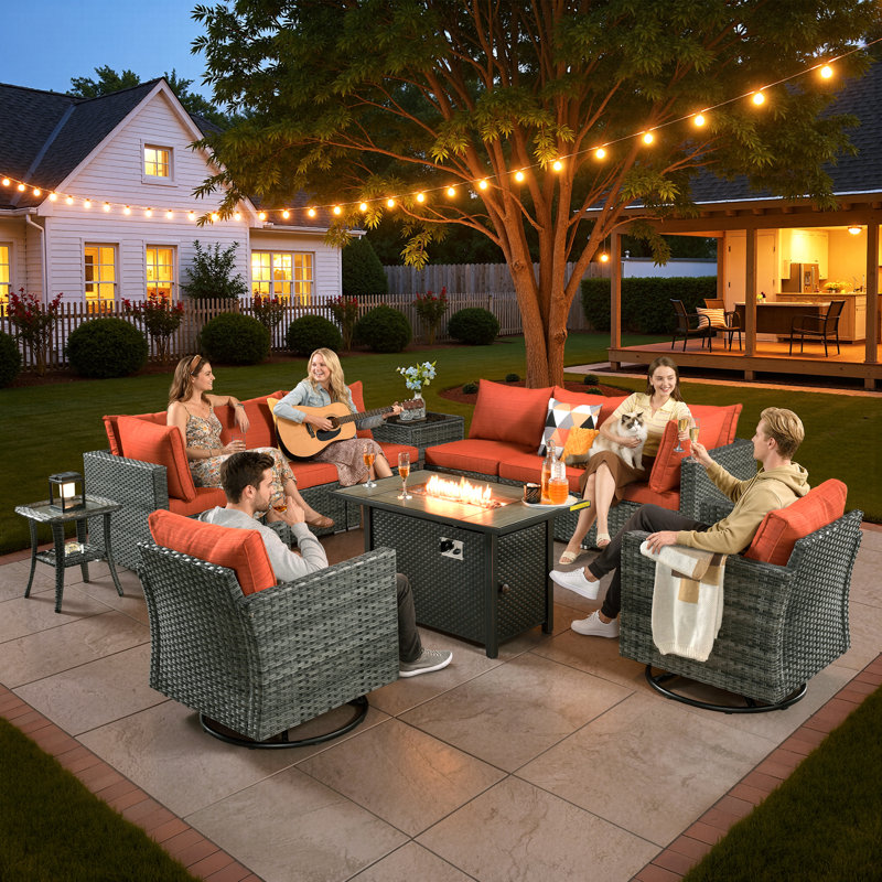 Aliva 8-Person Wicker Seating Group with Water-Resistant Cushions, Orange