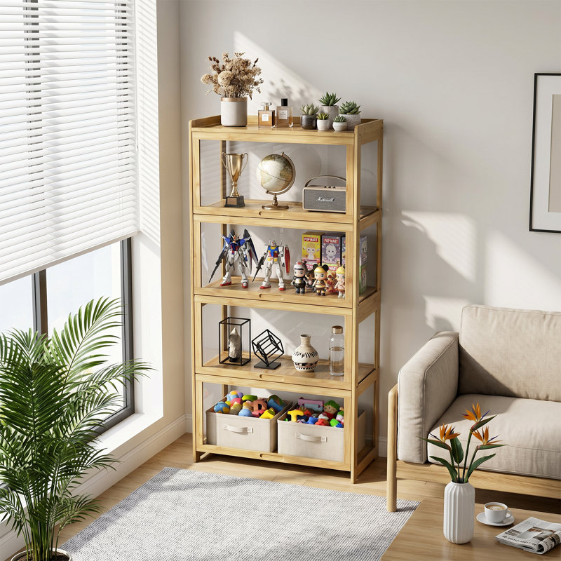 4-Tier Display Cabinet With Acrylic  Flip Up Door, Foldable Curio Cabinet Collection Storage Organizer Showcase Bookcase