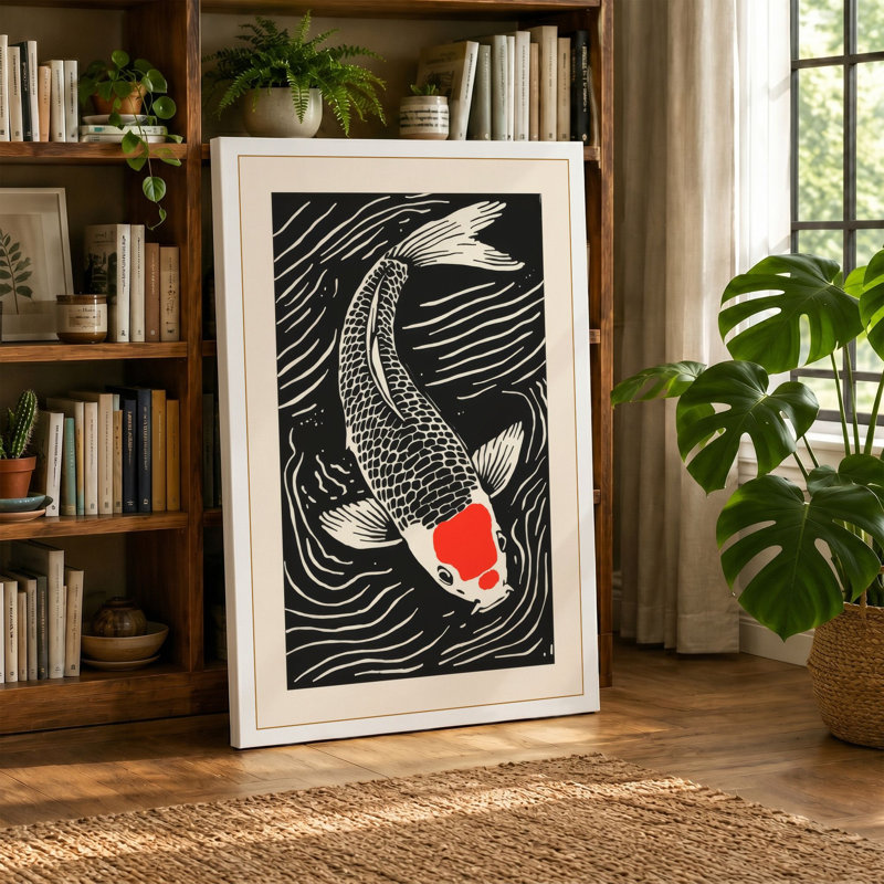 Koi in Black Water Art Deco - Wrapped Canvas, 18x12 - 45.7 x 30.5 cm, Black Border