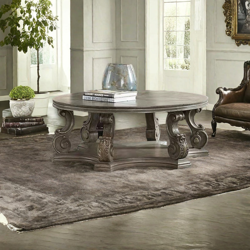 Double-layer carved round coffee table, 18.1" H X 43.3" L x 43.3" W