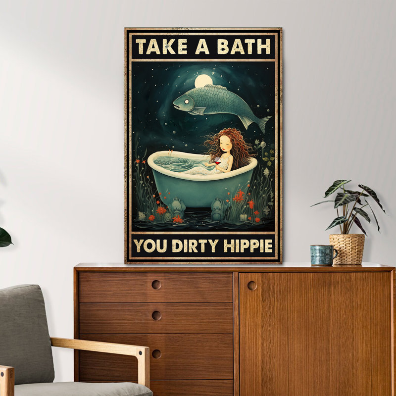 «Mermaid Chilling With Wine - Take A Bath», toile tendue avec châssis - décor de salle de bain et de lessive, jaune et turquoise