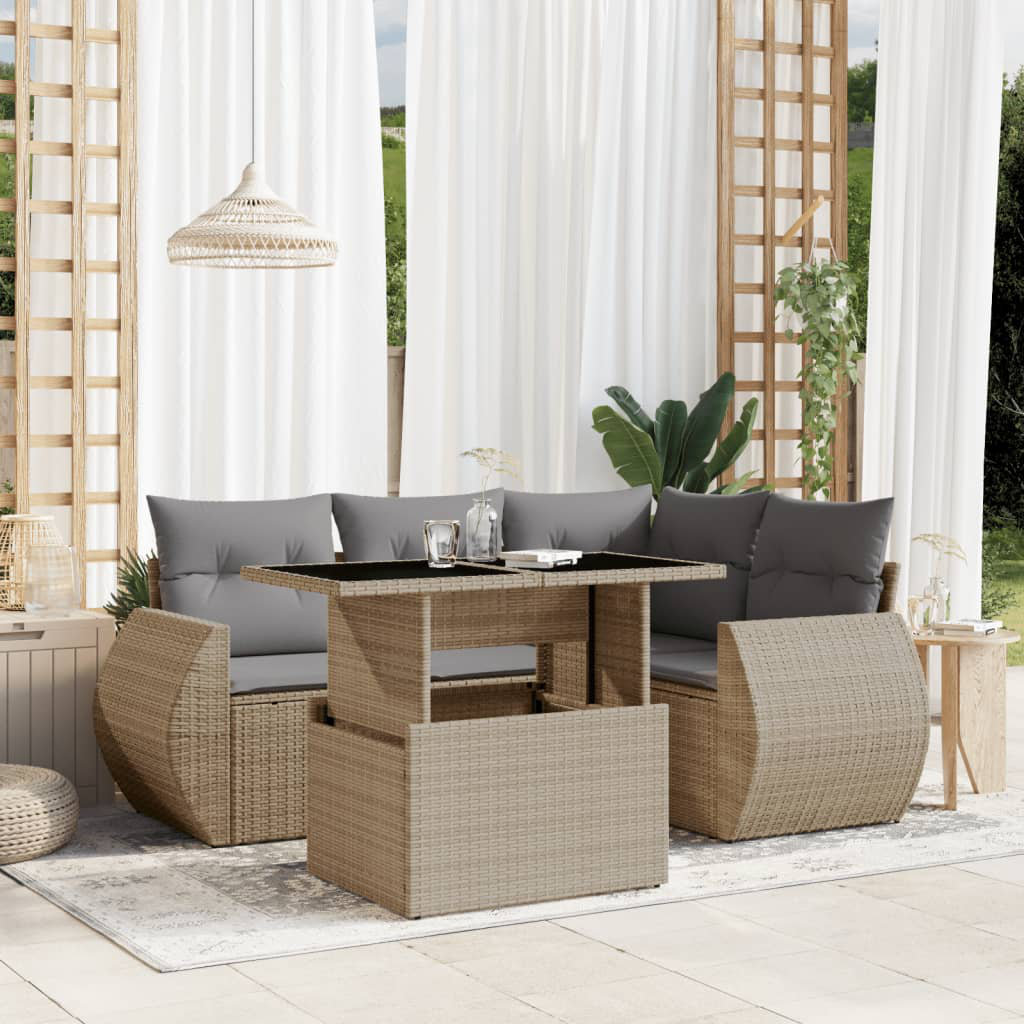 Vidaxl 5 Piece Garden Sofa Set with Cushions in Beige Poly Rattan