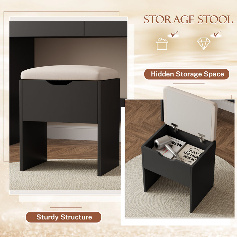 Vanity Desk with Mirror and LED Lights, Makeup Vanity Table with 3 Lighting Color, Adjustable Brightness, Vanity Table with 2 Drawers, Side Storage, for Bedroom