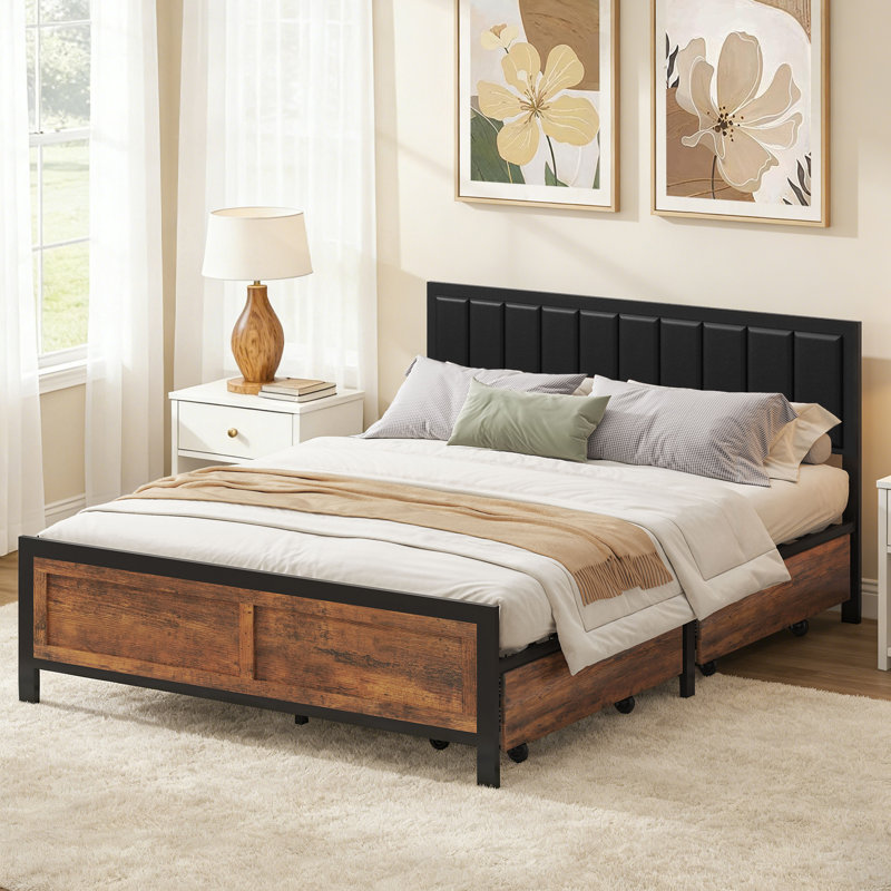 Queen Size Bed Frame With 4 Storage Drawers & Headboard – Rustic Metal, No Box Spring Needed, Noise Free