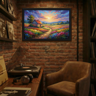 Paysage, nature, campagne, coucher de soleil, champ de fleurs, chemin, ciel, montagnes