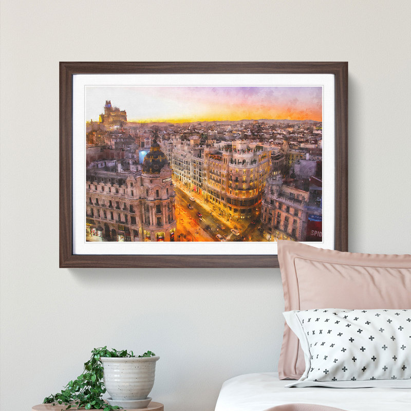 Calle Gran Via in Madrid Spain - Picture Frame Graphic Art Print, Walnut Framed, 33cm H x 45cm W x 2cm D
