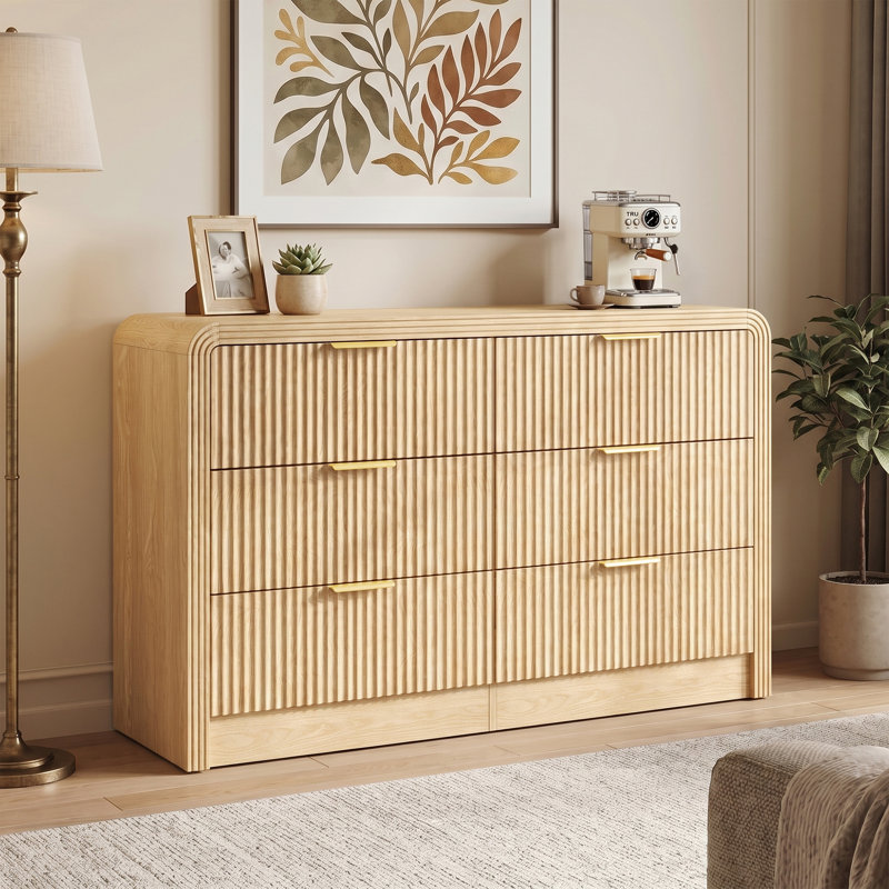 Mid-Century 6-Drawer TV Stand & Dresser, 47.2" Wide With Textured Drawers Oak, Oak