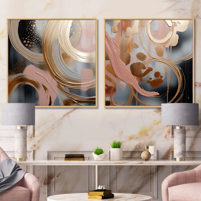 Abstract Pink And Gold Liquid Ink Circles I - Abstract Shapes Wall Art Prints Set Of 2