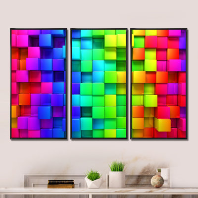 Arc-en-ciel de boîtes colorées - Ensemble de 3 reproductions d'art encadrées abstraites sur toile
