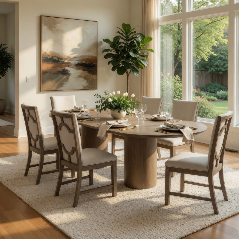 Ensemble de salle à manger 7 pièces Clema, table ovale extensible, 6 chaises en bois de chêne gris