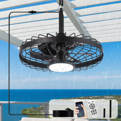 Ventilateurs de plafond extérieurs imperméables de 20 pouces avec lumières, ventilateur de pavillon enfichable avec télécommande pour application, ventilateurs en cage pour auvent de véranda Pergola, noir 6 vitesses et noyer
