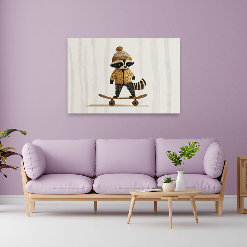 Playful Raccoon Skater Contemporary Forest Wall Art Print 1 Piece Wrapped Canvas Wall Art, 101.6cm H x 152.4cm W